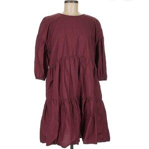 A New Day: Short Puff Sleeve Tiered Dress, Crew Neck, Burgundy, Size M
